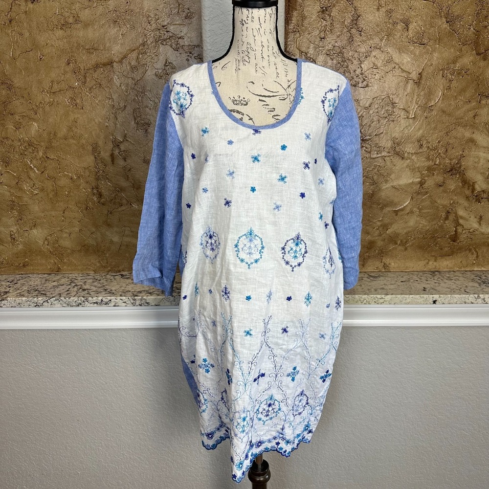 Sartoria Saracena Tunic Dress XL ? Floral Embroidered White and Blue Linen Italy